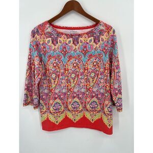 Talbots Petites Women Size LP Colorful Medallion Paisley T-Shirt Top